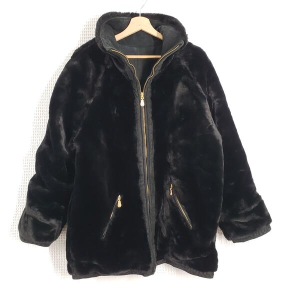 American Vintage Jackets & Blazers - Vintage 90s Suede Faux Fur Jacket Womens Medium Black Reversible Leather Winter